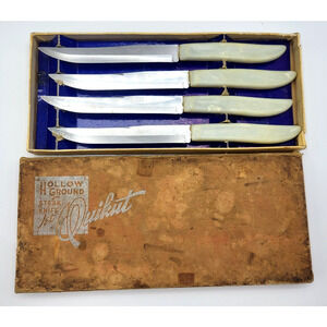 Four Vintage Quikut Steak Knives Green Bakelite Handles in Original Box